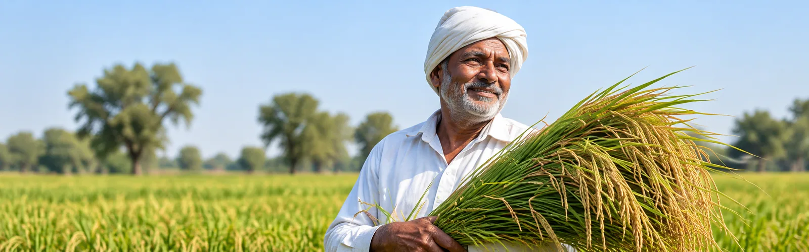 A smiling Indian farmer in a white turban holding a freshly cut bundle of rice in a green field