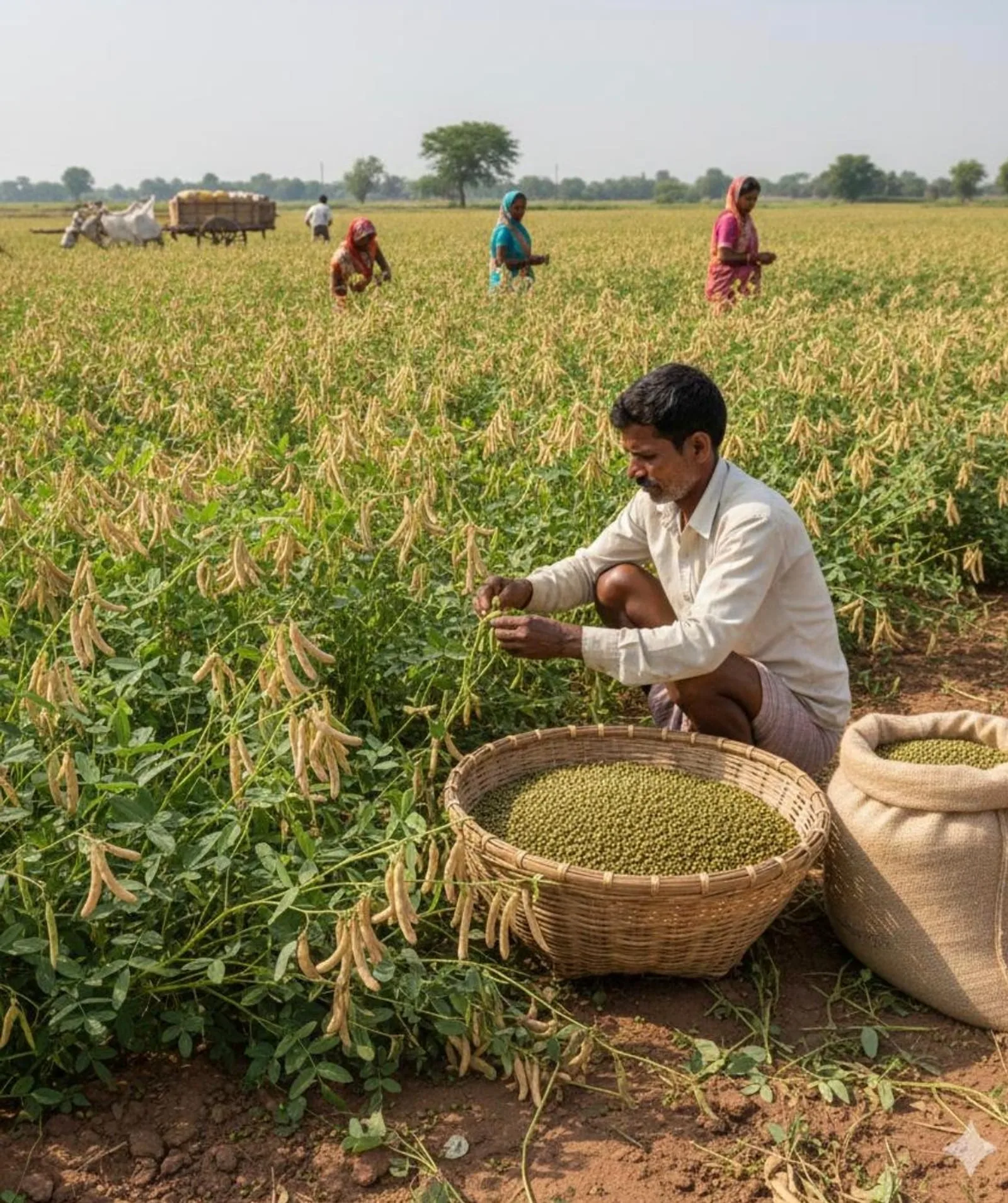 A farmer crouching in a field picking ripe mung bean pods