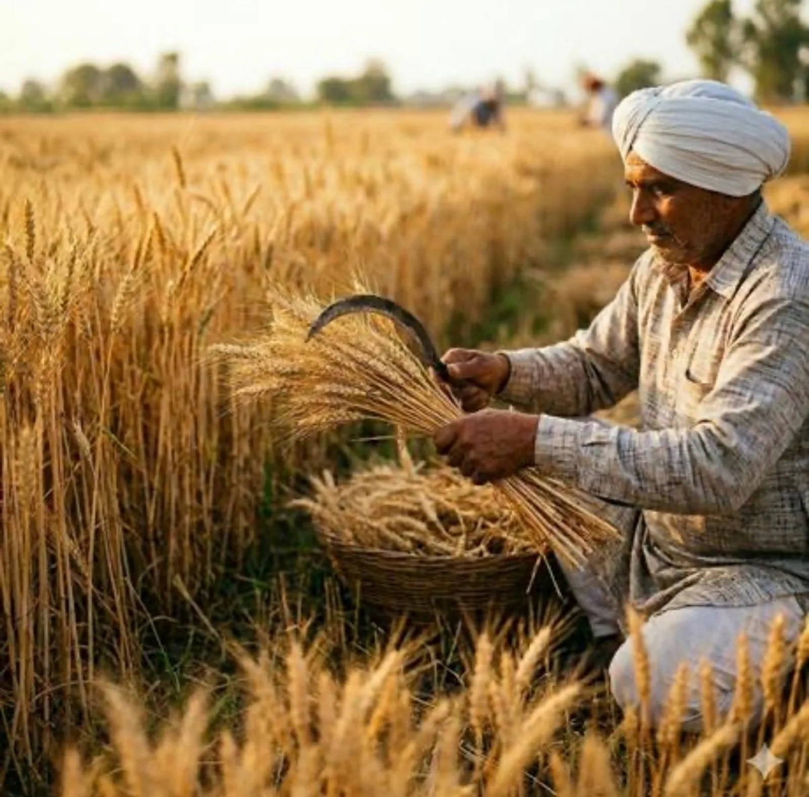 An older farmer in a white turban cutting ripe wheat with a sickle