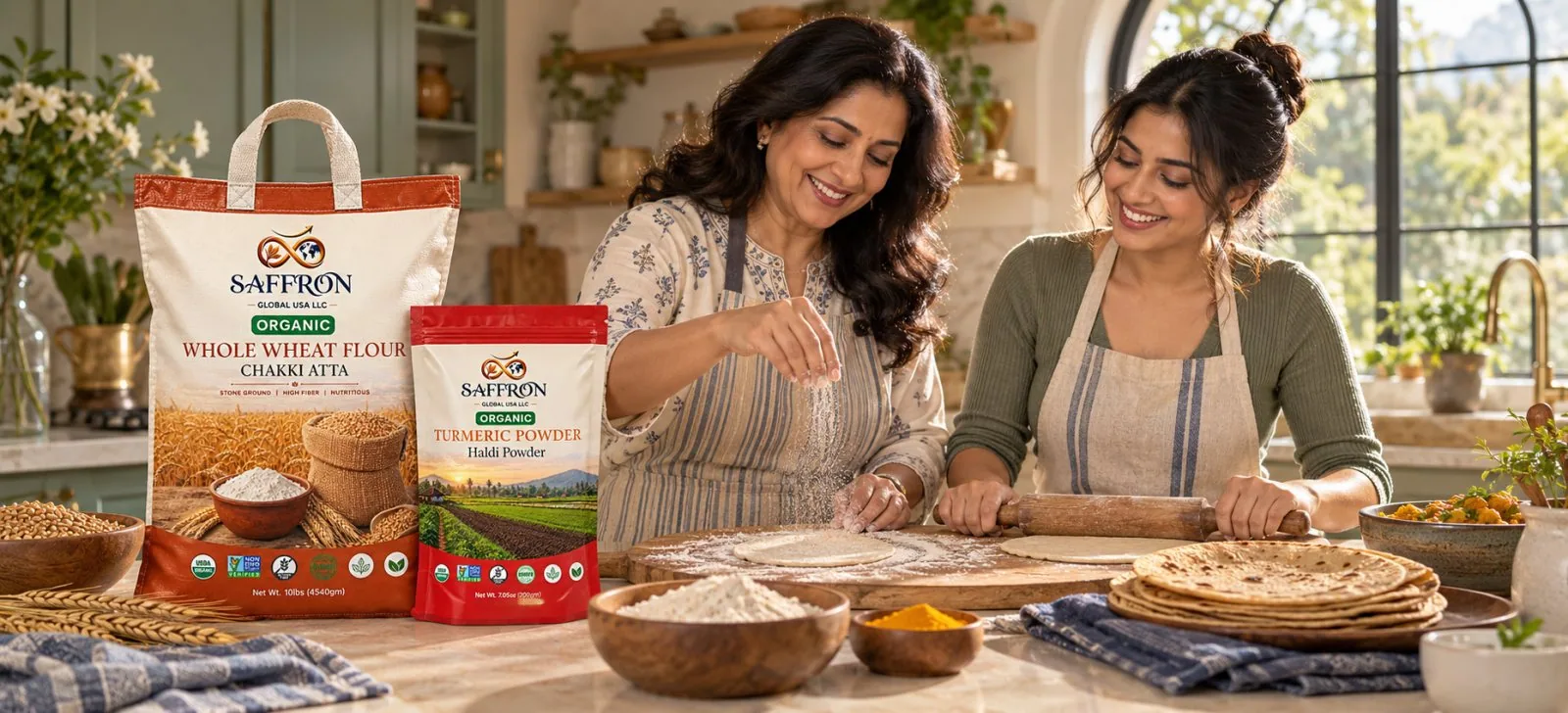 Two women rolling rotis with Saffron whole wheat atta