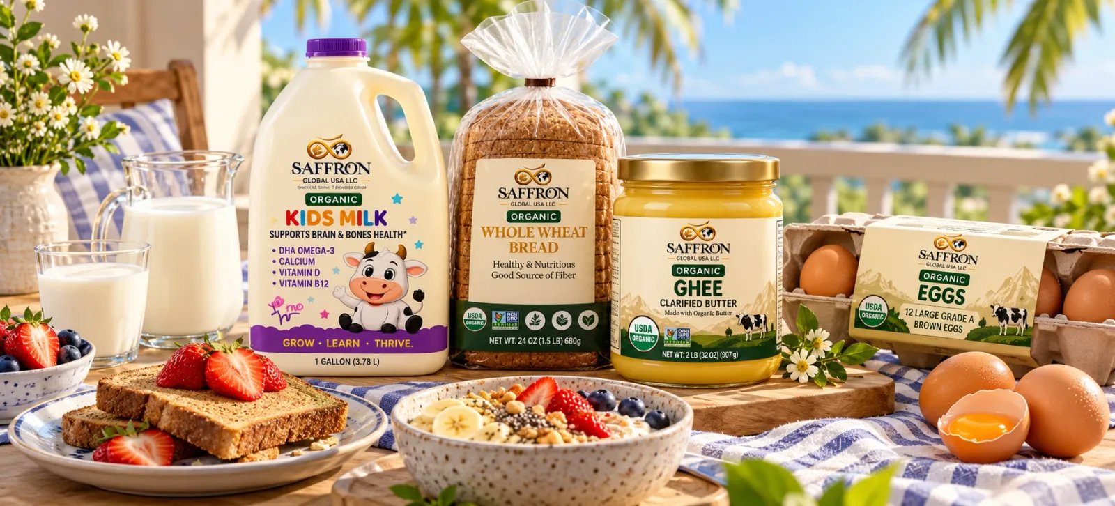 Saffron Organic Kids Milk, Whole Wheat Bread, Ghee and Eggs on a sunny breakfast table