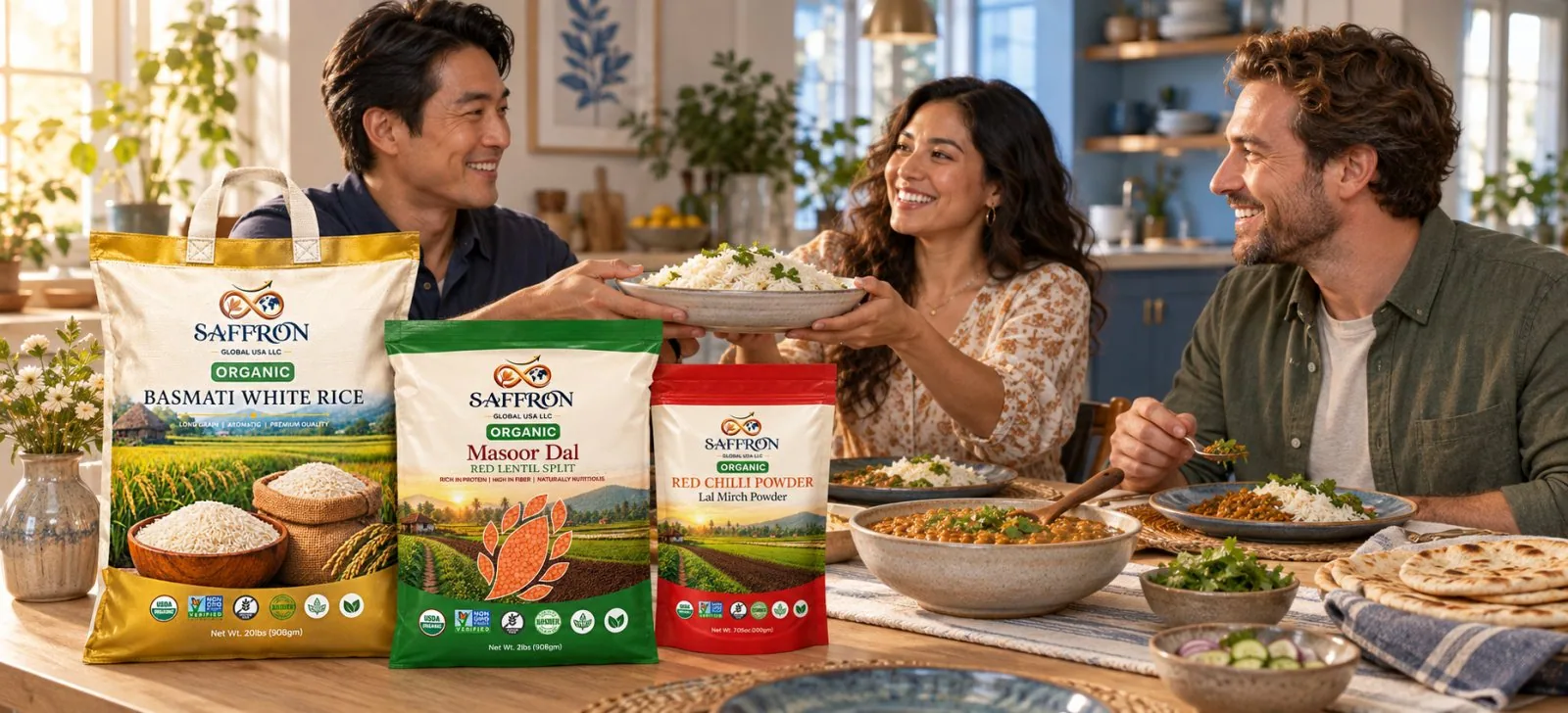 Friends sharing rice and dal at a family table