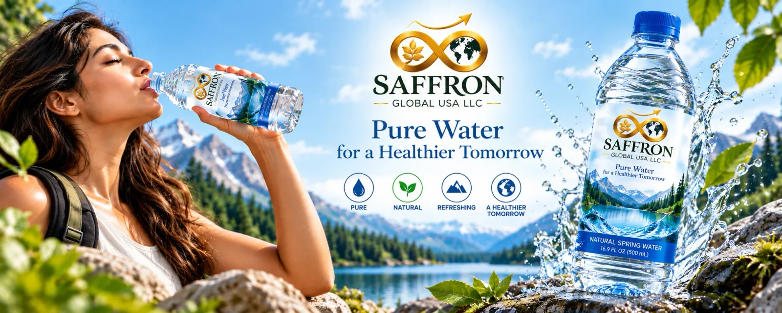 A hiker drinking Saffron Natural Spring Water by a mountain lake